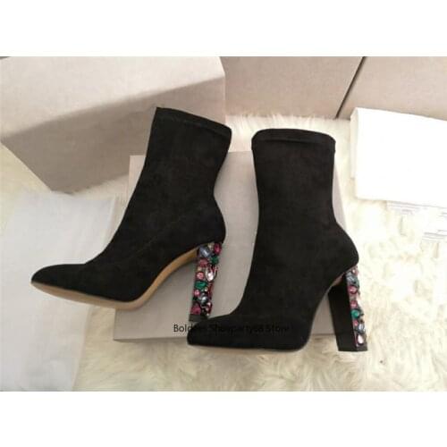 Stretch Fabric Chunky High Heel Ankle Boots Woman Pointed Toe Rhinestone Diamond Crystal Decord Short Boots Women Party Shoes