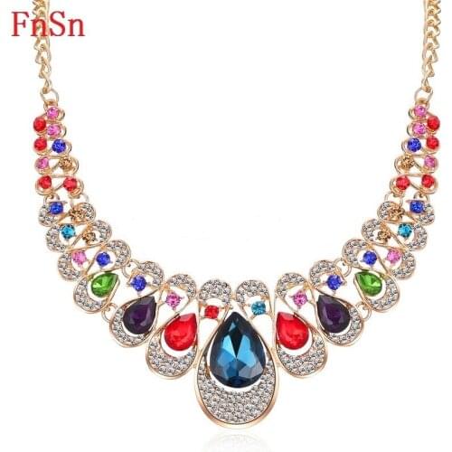 FnSnNew Hot Chokers Crystal Water Drop Statement Necklace Jewelry Women Gold Rhinestone Collar Turkish Plant jewelry Parure N175