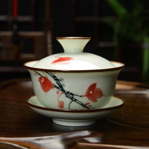[GRANDNESS] Hand Painted Celadon Gaiwan Kung Fu Gaiwan Porcelain Gaiwan Jingdezhen 150ml Gaiwan Tea Set Kung Fu Teapot