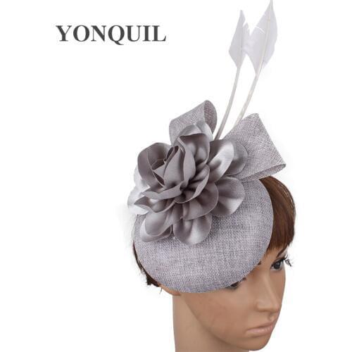 Imitation Sinamay Grey Wedding Women Fascinator Headband Party Fedora Cap Nice Flower Headwear Occasion Church Hair Accessories