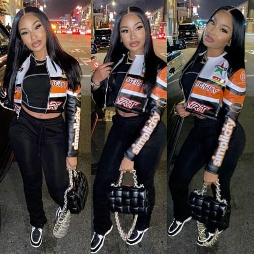 ZKYZWX Aesthetic Print Pu Leather Jacket for Women Winter Clothes Sexy Zip Long Sleeve Faux Leather Cropped Slim Overalls Coats