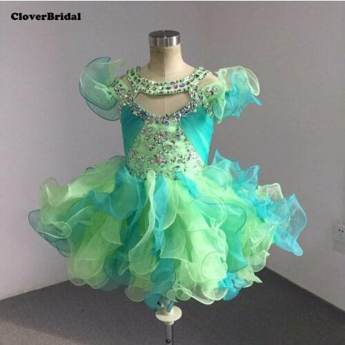 Lime/Jade Cute Ruffled Straps Beaded Halter Cupcake Little Girls Ruched Crystal Glitz Pageant Dress
