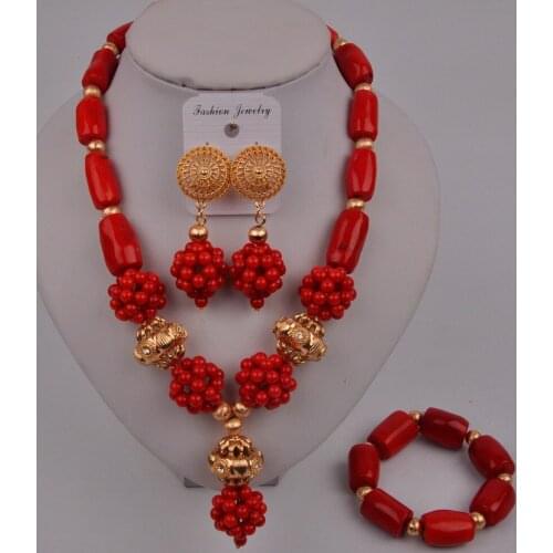 Fashion Red Coral Jewelry Set Costume Necklace African Set Nigerian Wedding Beads Bridal Jewelry Sets 41-CA-02