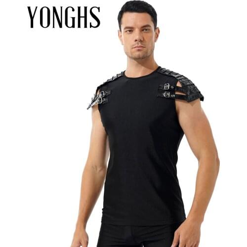 Mens Male Clothing Gothic Punk Armour T-shirt Patent Leather Clubwear Round Neck Tops Short Sleeve Tops Tees Nightclub Costume
