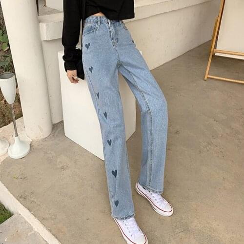 2021 New Sring Autumn Vintage Wide Leg Jeans LOVE Printed Womens Pants Full Length Female Denim Washed Blue Loose Trousers