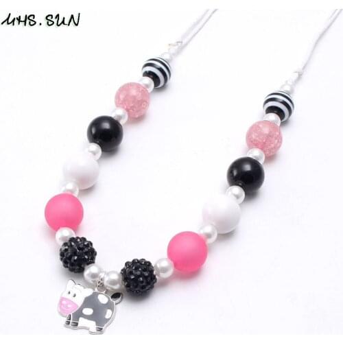 MHS.SUN Adjustable Rope Necklace Kid Girls Chunky Beads Necklace Cute Cow Pendant Children Toddler Bubblegum Chunky Jewelry 1Pcs