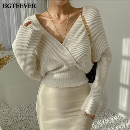 BGTEEVER Casual V-neck Women Knitted Solid Pullovers Soft Warm Loose Female Criss-Cross Sweater Jumpers 2020 Winter Knitwear