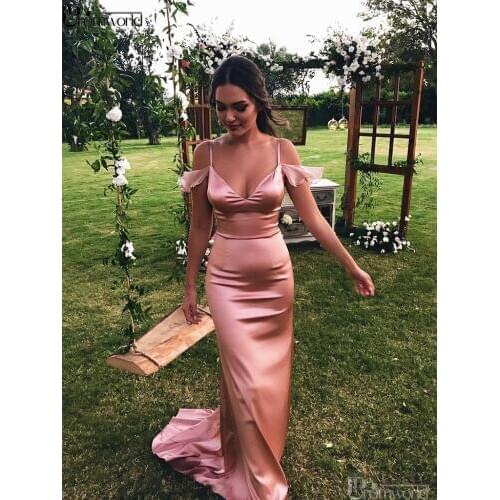 Blush Pink Sexy Evening Dresses 2020 Mermaid Evening Gown Satin V Neck Spaghetti Straps Simple Long Formal Party Prom Dress