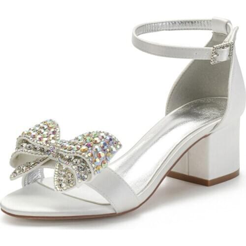 Block Heels Satin Crystals Bowknots Wedding Sandals for Bride Open Toe Ankle Buckle Strap Mid Heels Bridal Party Dress Sandals
