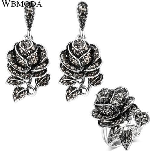 Wbmqda Fashion Tibetan Silver Ring Earring for Women Vintage Wedding Crystal Rose Flower Ring Earring Jewelry Sets Party Gift
