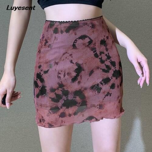 Women Tie Dye Gothic Wine Red Mesh Skirt 2021 Summer Lady Cool Slim Hipster Mini Skirts Empire Casual Hipster Fashion Streetwear