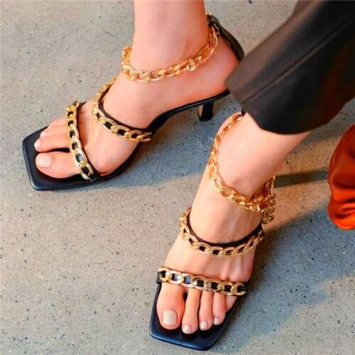 Gladiators Womens Strappy Cow Leather Sandals Chain Stiletto High Heels Party Shoes Punk Goth Shoes 34 35 36 37 38 39