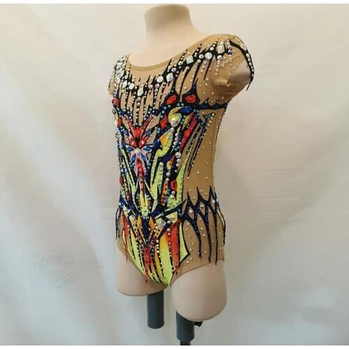 Women Girls Rhythmic Gymnastics Leotards Green Straps Diamonds Jewelry Competition Gymnastics leotards for Girls