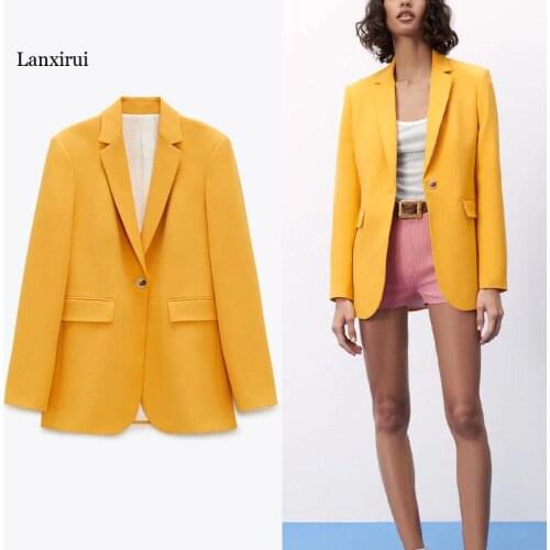 Yellow Fit Blazer Suit Women Long Sleeve Shoulder Pads Single Button Casual Blazers Coat Woman Flap Pockets Spring Top