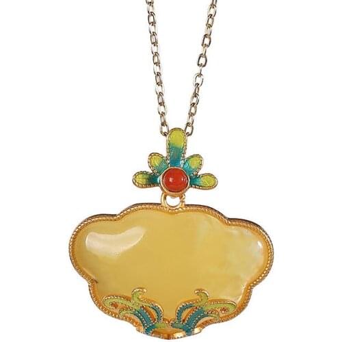Baifuming s925 sterling silver gold-plated natural amber beeswax cloisonne retro elegant Ruyi ladies' pendant