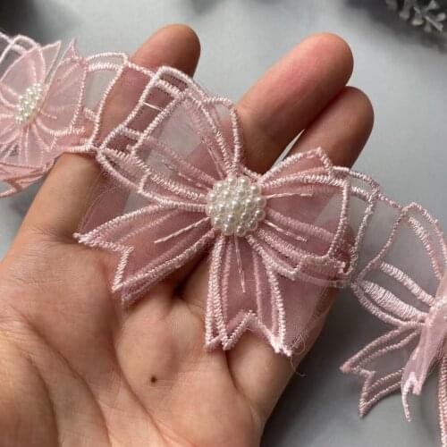 10X Pink Lace Trim Ribbon Mesh Bowknot Rhinestones Embroidered Patches Applique Fabric DIY Wedding Dress Sewing Supplies 5.5 CM