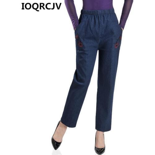 2019 Autumn Women Stretch Denim Jeans Loose Embroidery Jeans Elastic High Waist Denim Pants Ladies Straight Jeans Trousers R562