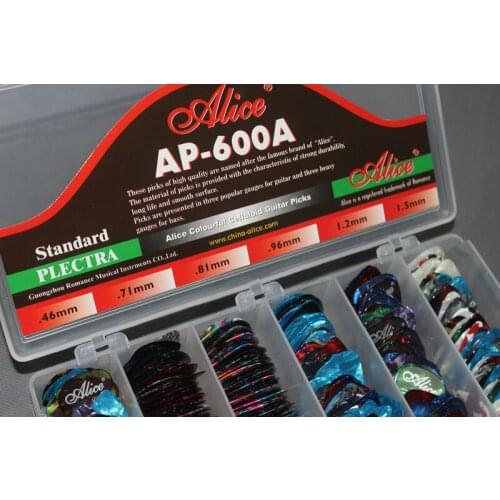 600pcs/Box Alice AP-600A Celluloid Guitar Picks Plectra + Case Various 6 thickness 0.46/0.71/0.81/0.96/1.2/1.5mm