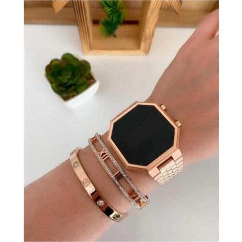 Unisex Black Silicone Watchband Rose Metal Case Model Digital Clock St