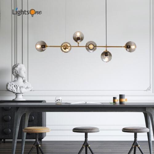 Nordic designer long shape restaurant living room model room pendant lamp glass ball metal rod pendant lights
