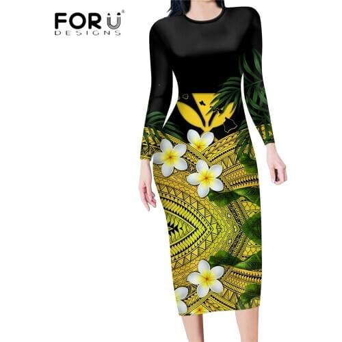 FORUDESIGNS Fashion Sexy Women Long Sleeves Dress Hawaii Polynesian Plumeria Printing Casual Mid Club Bodycon Party Dresses