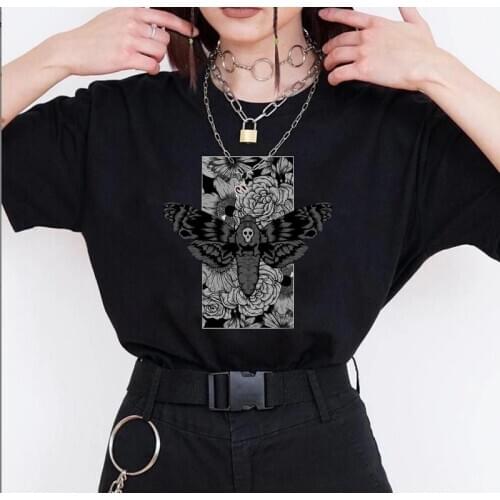 Gothic T Shirt Women Death Moth Harajuku 90s Casual Egirl Edgy Fashion Goth Graphic Tee Tops Grunge Style Female Vintage Clothes