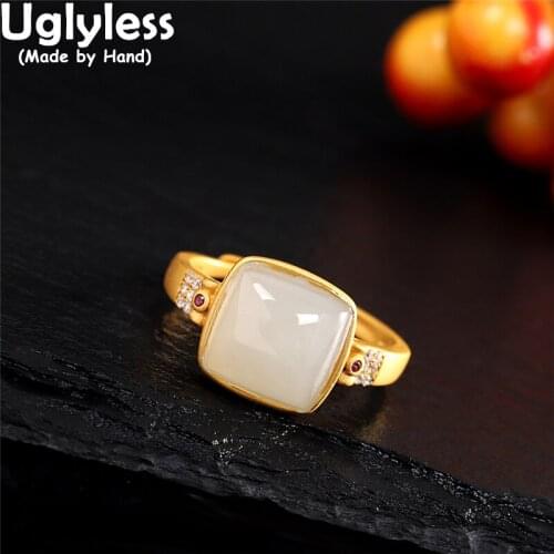 Uglyless Simple Fashion Square Gemstones Rings for Women Natural Hotan Jade Luxury Dress Jewelry 925 Silver Minimalism Rings