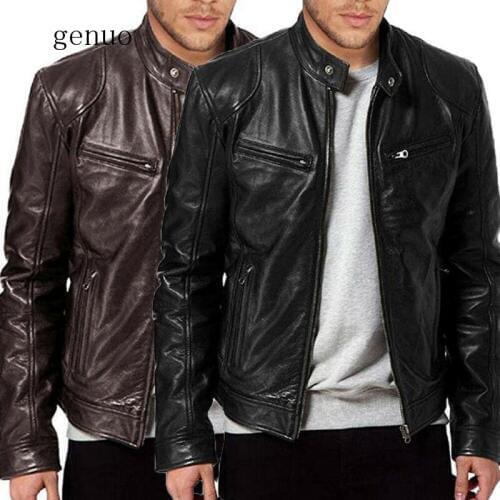 Men faux Leather Jacket Men Slim Fit Warm Coat Motorcycle Lambskin Standing Collar Genuine Leather Coat