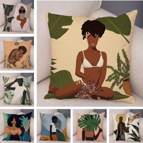 Soft Plush Black Africa Girl Pillow Case Decor Cartoon Geometric Beautiful Women Cushion Cover for Sofa Car Home Pillowcase