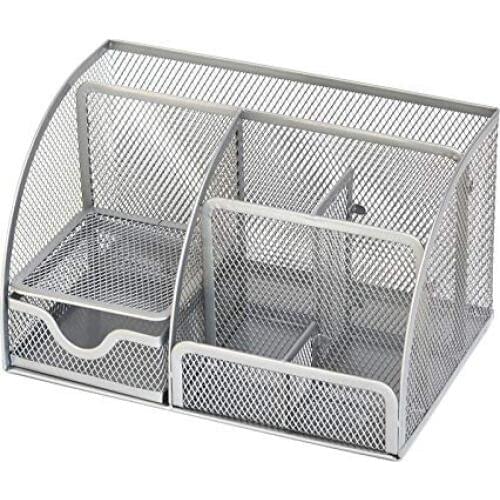 Silver Mesh Desk Pencil Cup Organizer 9 Compartment Desktop Office Supplies Storage Organizer