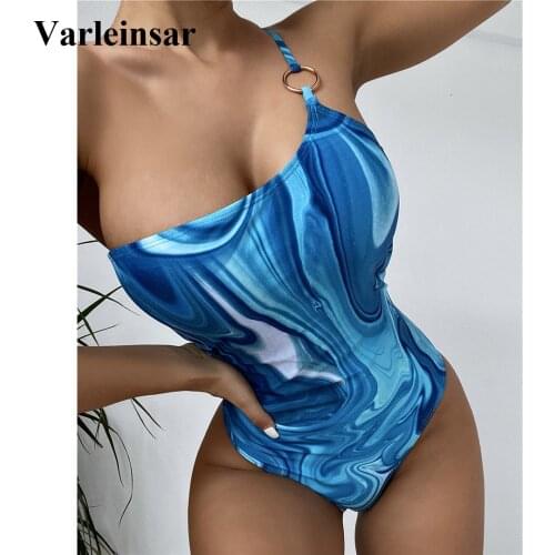 New Sexy One Shoulder Back Cut Out Blue Paisley Printed One Piece Swimsuit Women Swimwear Female Bather Bathing Suit Swim V3087