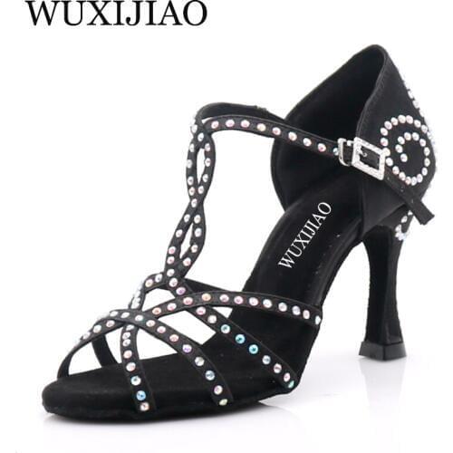 WUXIJIAO New black satin Latin dance shoes For Woman Ballroom Dancing Shoes Salsa Performance Dance Shoes heel 5cm-10cm