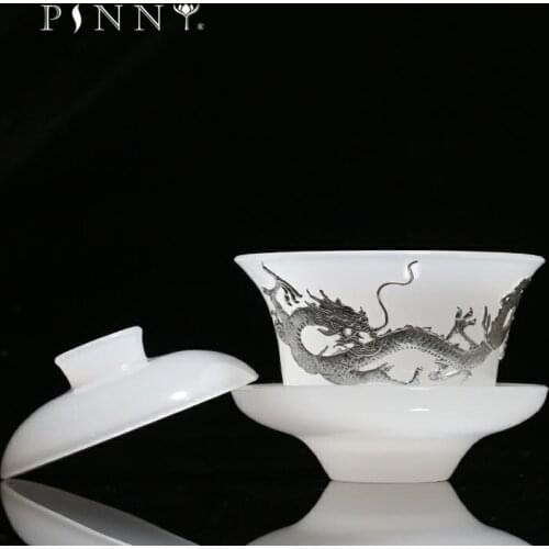 PINNY 120ml Jade China With Silver Gaiwan Dragon Silver Inlaid Chinese Kung Fu Tea Tureen Hand Made Household Tea Drinkware