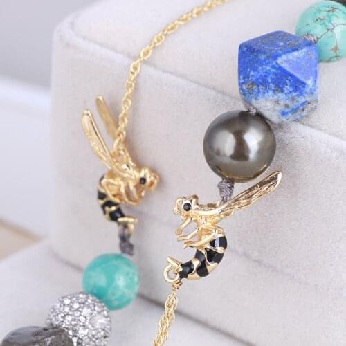 Full diamond ball irregular natural stone pearl bee pendant necklace