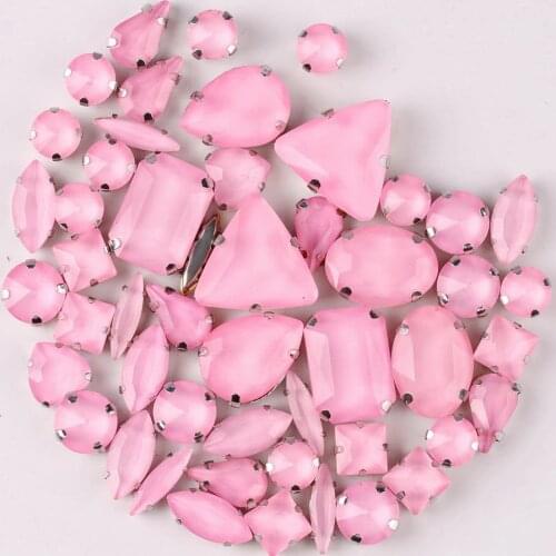 Silver claw settings 50pcs/bag shapes mix jelly candy pink glass crystal sew on rhinestone for garment shoes bags diy