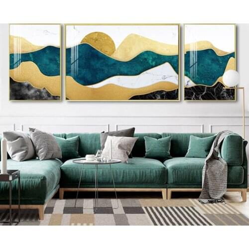 Nordic Abstract Geometric Mountain Landscape Wall Art Canvas Painting Golden Sun Art Poster Print Wall Picture for Living Room