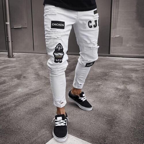 Stylish Men Pants Badge Ripped Hole Pockets Skinny Jeans Stretchy Tights Denim Pants Slim Classic Cowboys Man Jogging Trousers
