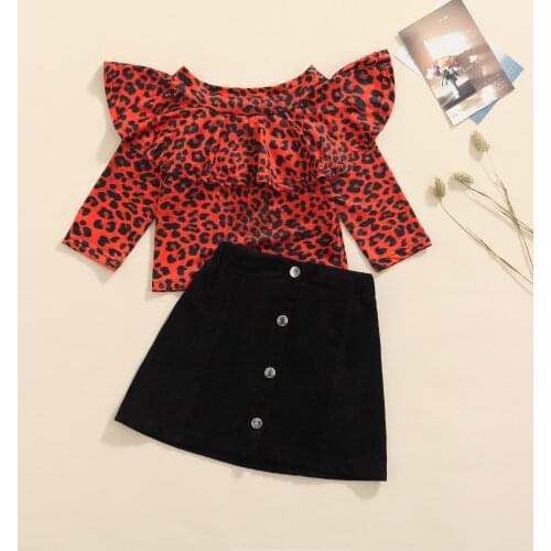 Spring Kids Girls Clothes Leopard Print Pattern Off-shoulder Pullover Short A-line Skirt Childrens Set