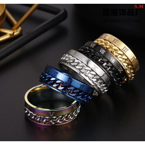 Rotating Chain Ring Stainless Steel Colorful Mens Spinner Ring Roman Numerals Jewelry Bottle Opener Finger Ring Accessories