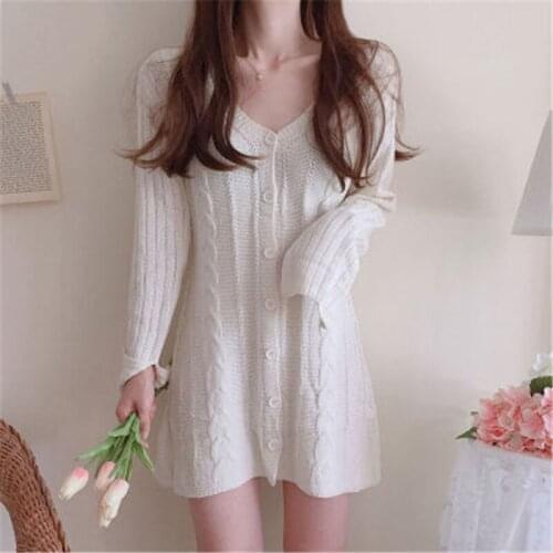 Sweater Dress Autumn Winter 2020 Korean Style Chic Sweet V-Neck White Knit Slim Waist Casual Pullovers Vestidos 5A007