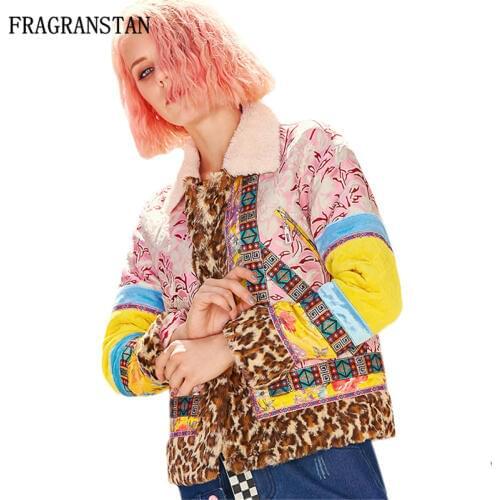 Lady Autumn Winter Thicken Keep Warm Short Parkas Female Fashion Hit Color Leopard Ethnic Style Patchwork Padded Jacket JQ211