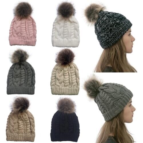 Women Knit Slouchy Beanie Chunky Baggy Hat with Faux Fur Pompom Winter Soft Warm Ski Cap