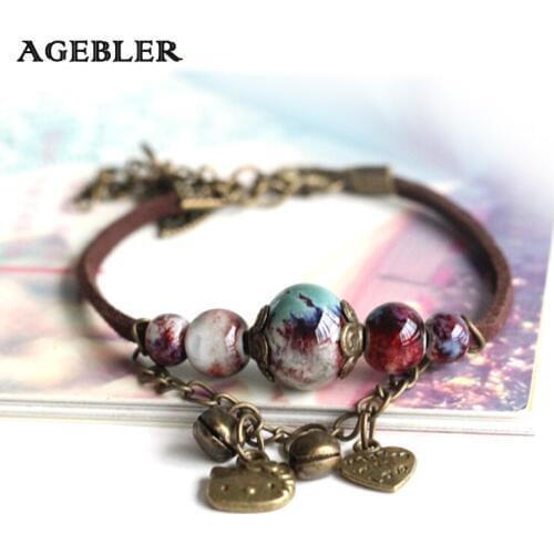 Handmade women Ceramic Bracelets &bangles Bead Colorful Cat Pattern Pendant Leather Chain Elegant Jewelry for Girls 2018
