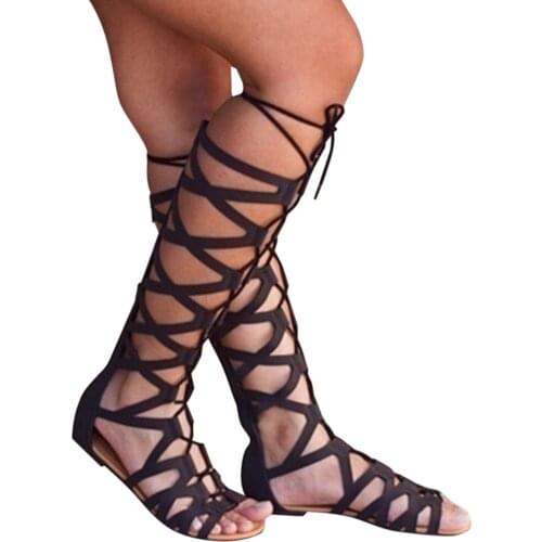 2021 Roman Gladiator Bandage Sandals Women Knee High Flat Sandalias Botas Femininas Women Shoes Girls Summer Hollow Ankle Boot