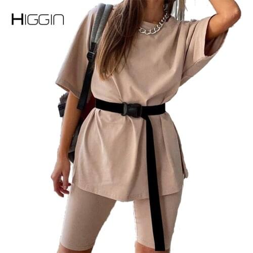 Women Half Sleeve Loose T-Shirt And Pencil Shorts Two Piece Sets Fashion Casual Soild Tracksuit With Belt Ladies Summer Outfits