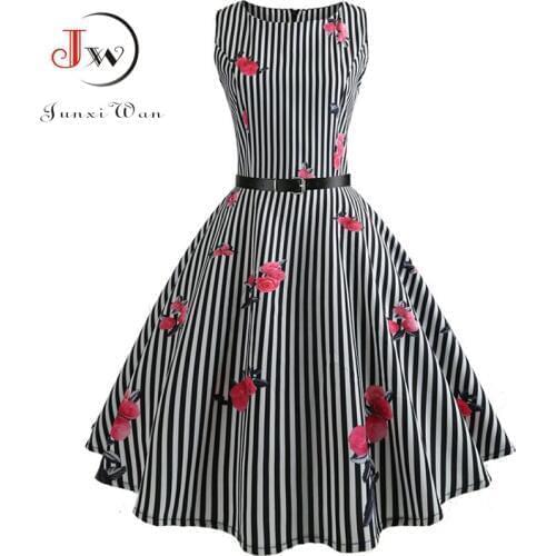 Striped Summer Dress Women Floral Print Elegant Vintage Dresses Casual Belt Tunic Plus Size Robe femme Party Midi Dress