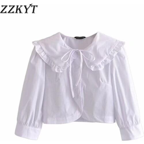 ZZKYT 2021 Women Summer Vintage Solid Cropped Tops Blouses Fashion Lapel Collar Long Sleeve Bow Tie Female Shirts Casual Tops
