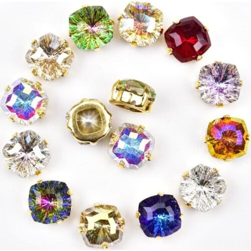 10Mm Square Sew On Rhinestones With Gold Claw K9 Crystal Diamond Stones For Diy Apparel Wedding Dress Clothing Shoes Decoration