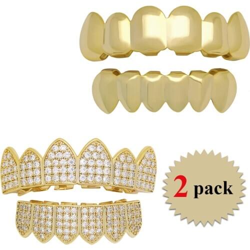 2 Sets/pack Hip Hop Micro Pave CZ Grillz Iced Out Gold Silver Color Teeth Grills Caps Top Bottom Grill Set Unisex Tooth Jewelry