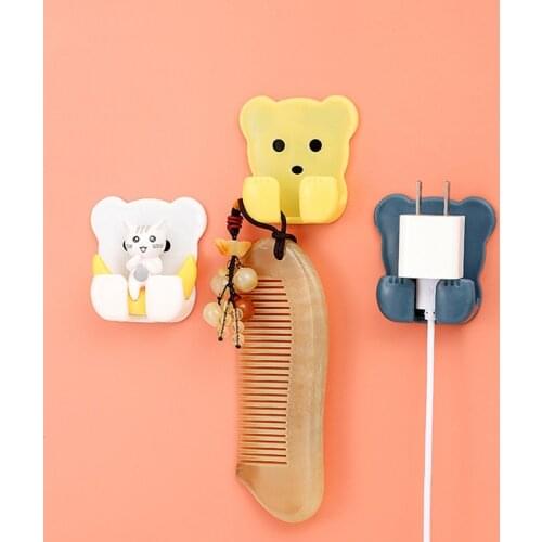 2 pcs Hook with Bear Plug Holder Bedroom Phone Adhesive Hanger Hook Socket-Holder Power-Plug Wall-Storage Stealth Punch-Free
